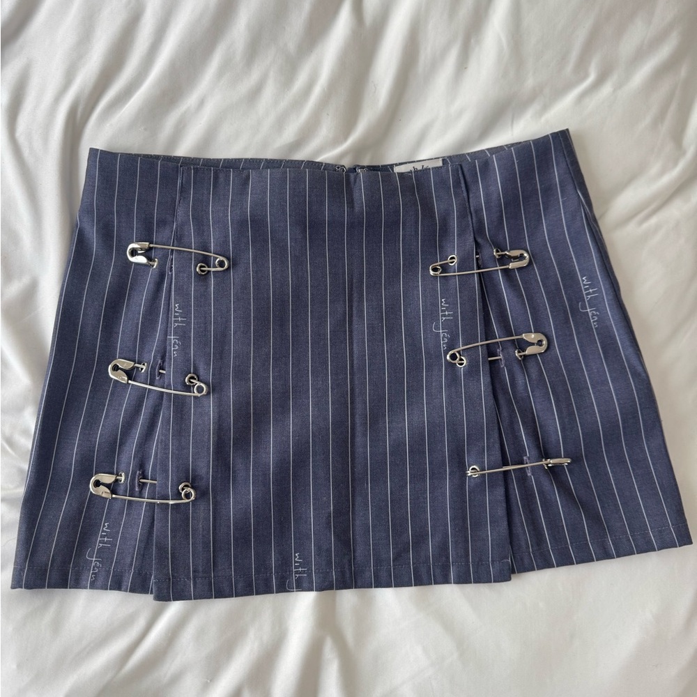 With Jean Navy Pinstripe Mini Skirt with Safety Pin Details